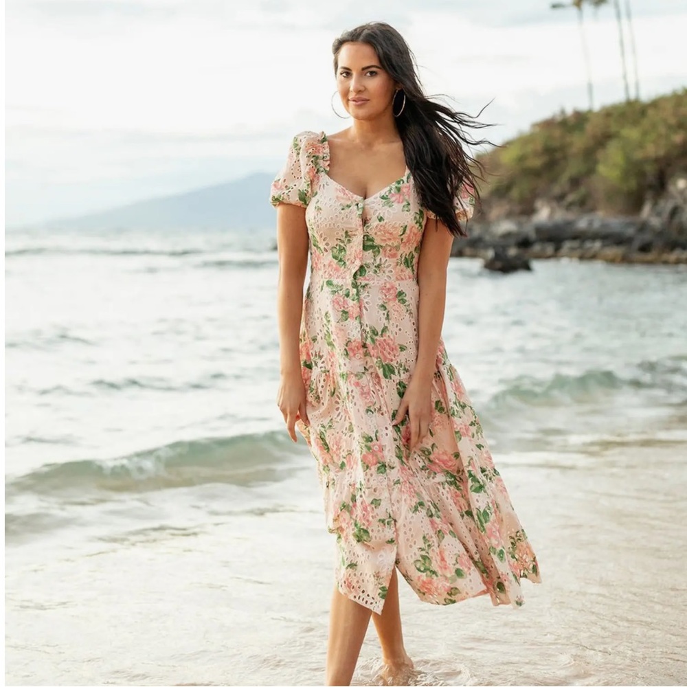 Rachel Parcell pink frosty blooming roses eyelet dress in size small NWT